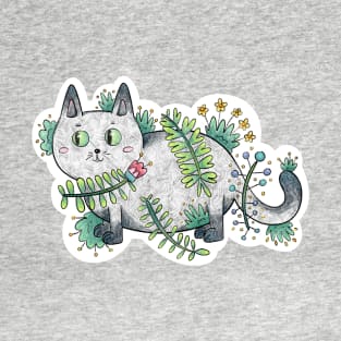 Cute Green Eyed Cat with Floral Patterns T-Shirt